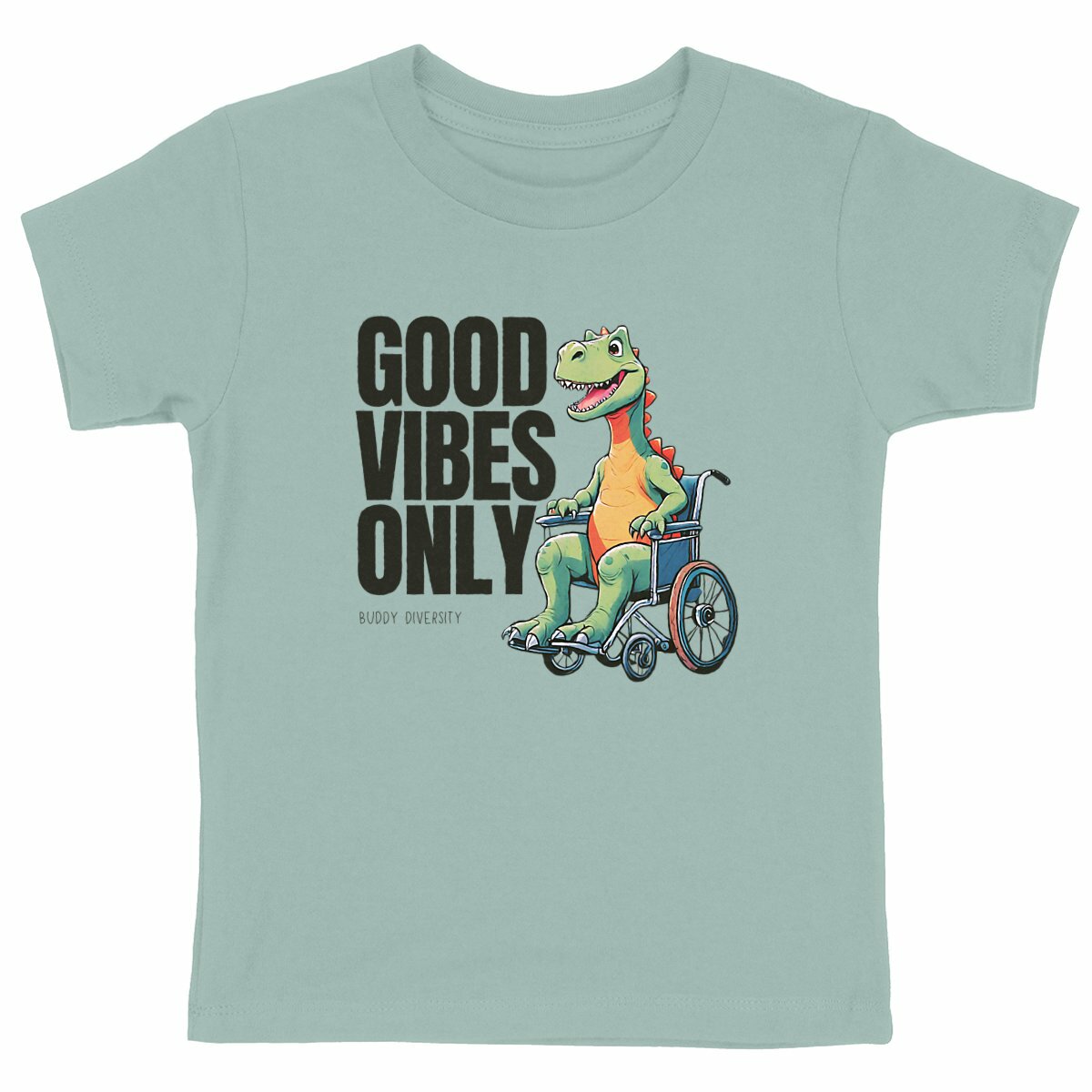 Inclusive Vibes Only | Dino with a prosthetic leg | Organic Kids T-Shirt - front_green
