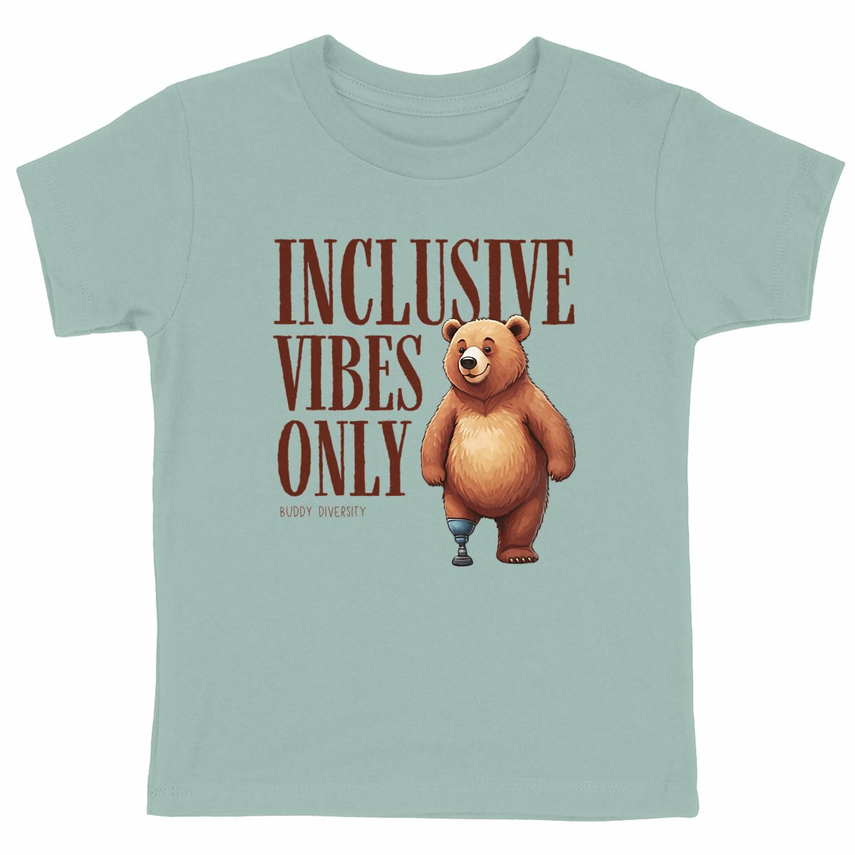 Inclusive Vibes Only | Dino with a prosthetic leg | Organic Kids T-Shirt - front_green