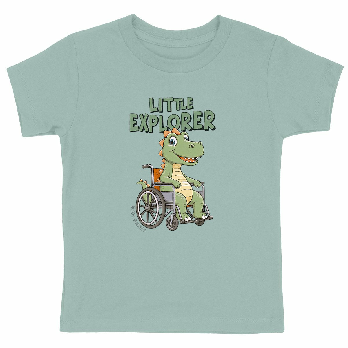 Little Explorer | Dino in a wheelchair | Organic kids t-shirt - front_green