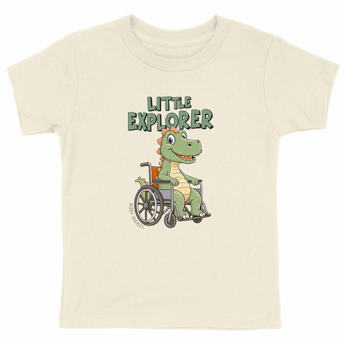 Little Explorer | Dino in a wheelchair | Organic kids t-shirt - front_natural