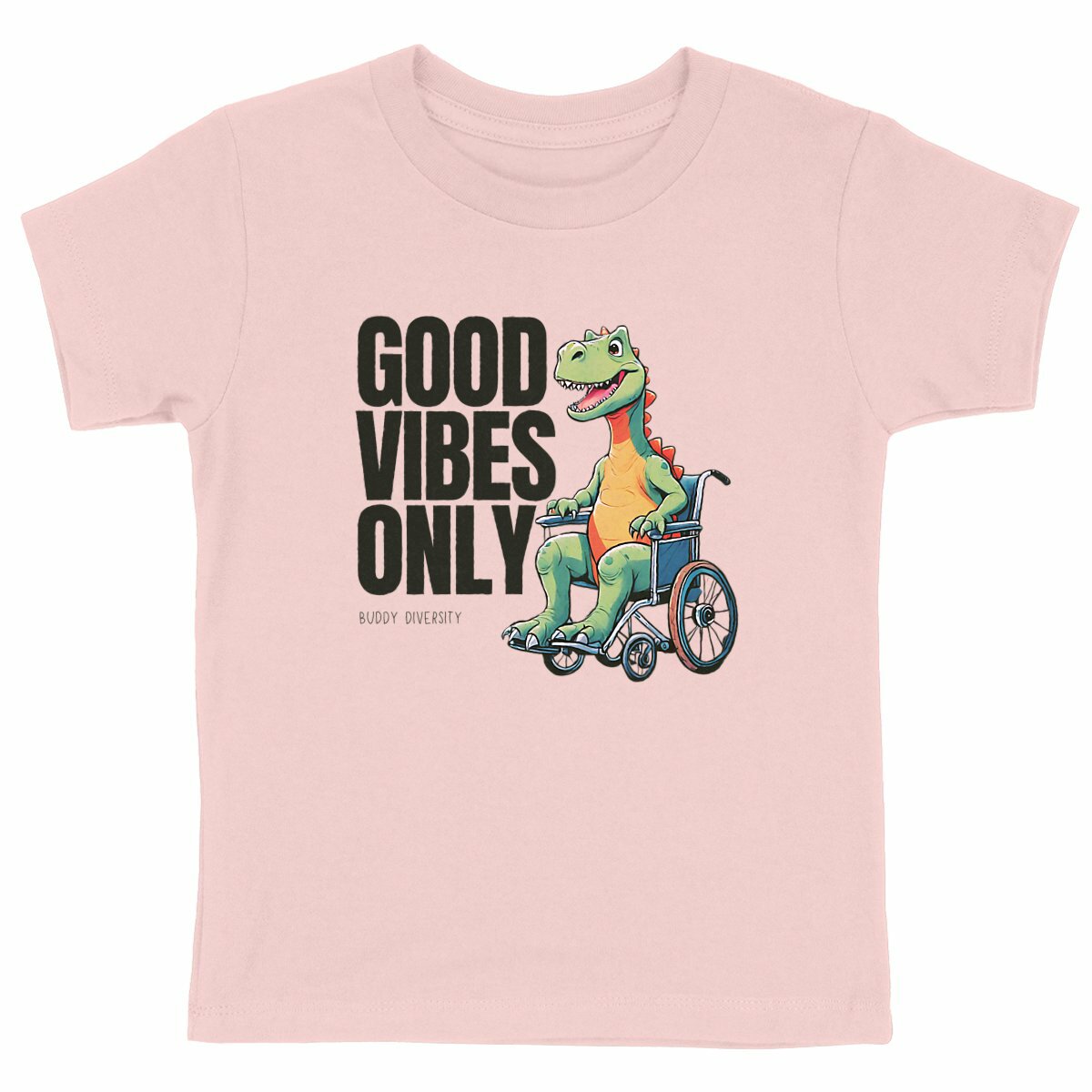 Inclusive Vibes Only | Dino with a prosthetic leg | Organic Kids T-Shirt - front_pink