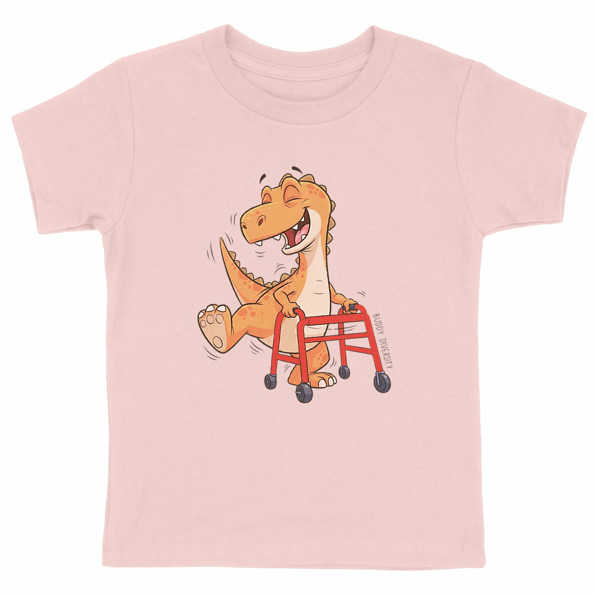 Dancing dino with walking aid | Organic Kids T-shirt - front_pink