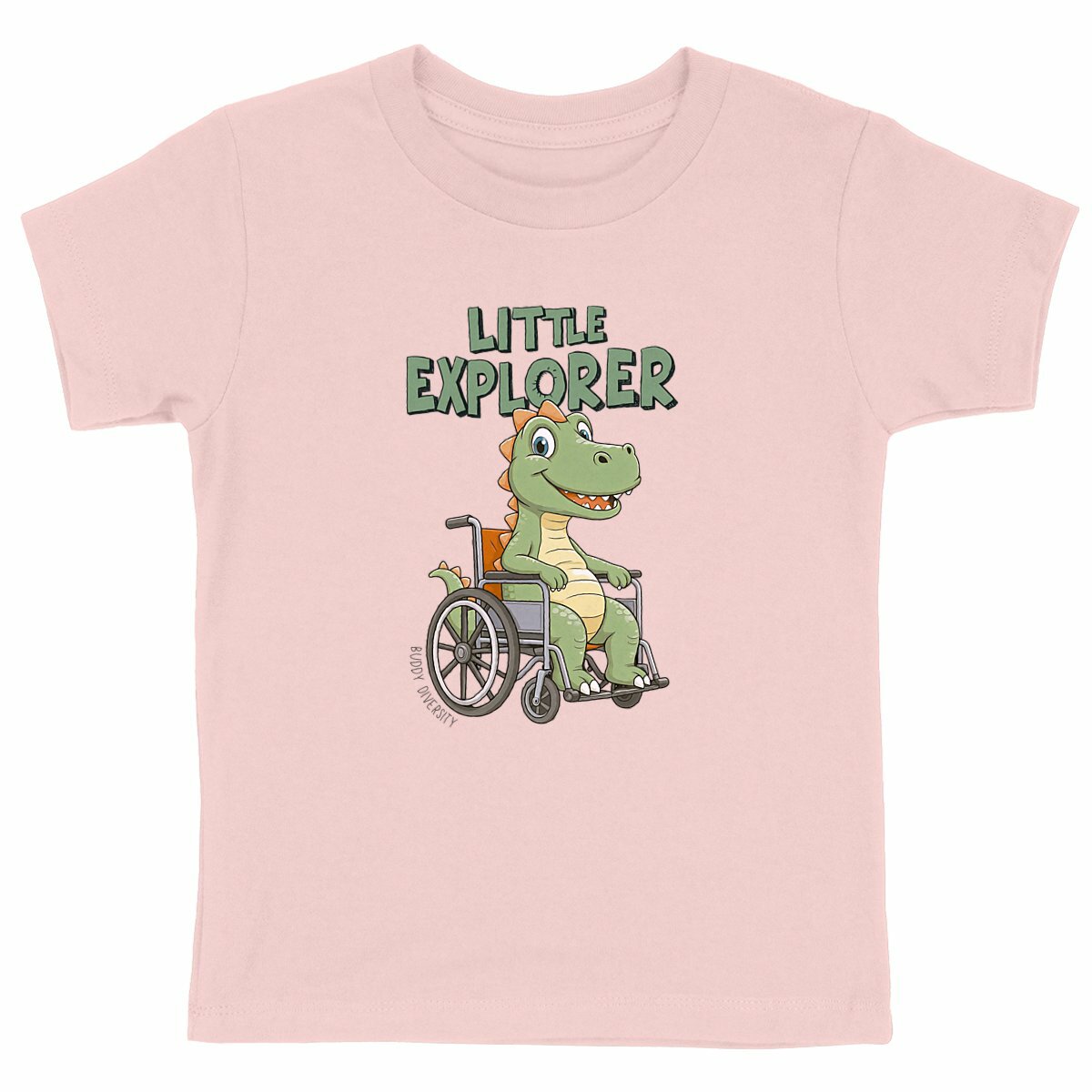 Little Explorer | Dino in a wheelchair | Organic kids t-shirt - front_pink