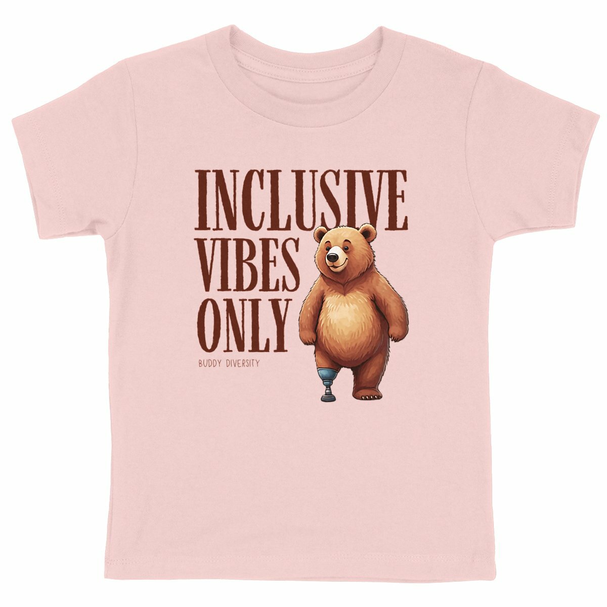 Inclusive Vibes Only | Dino with a prosthetic leg | Organic Kids T-Shirt - front_pink