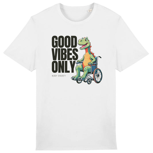 Good vibes only | Dino in a wheelchair | Organic Unisex Adult T-shirt - front_0