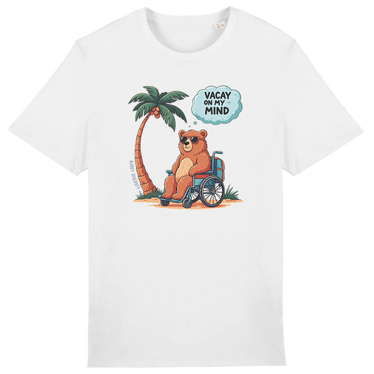 Vacay on my mind | Bear in a wheelchair chilling in the sun | Organic Unisex Adult T-shirt - front_0