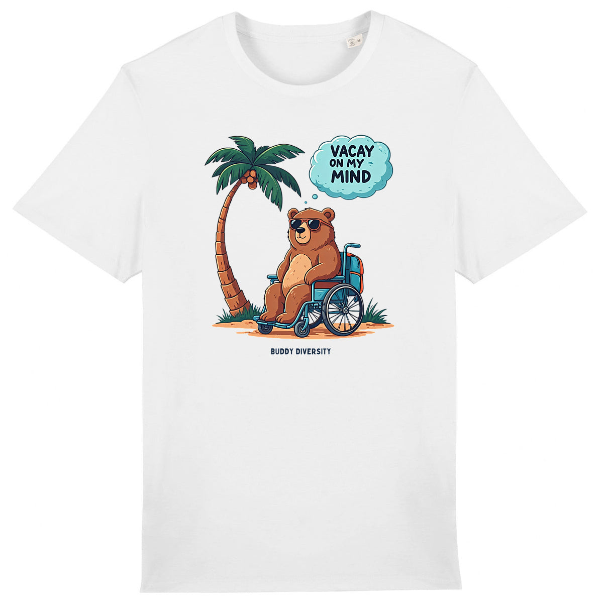 Vacay on my mind | Bear in a wheelchair chilling in the sun | Organic Unisex Adult T-shirt