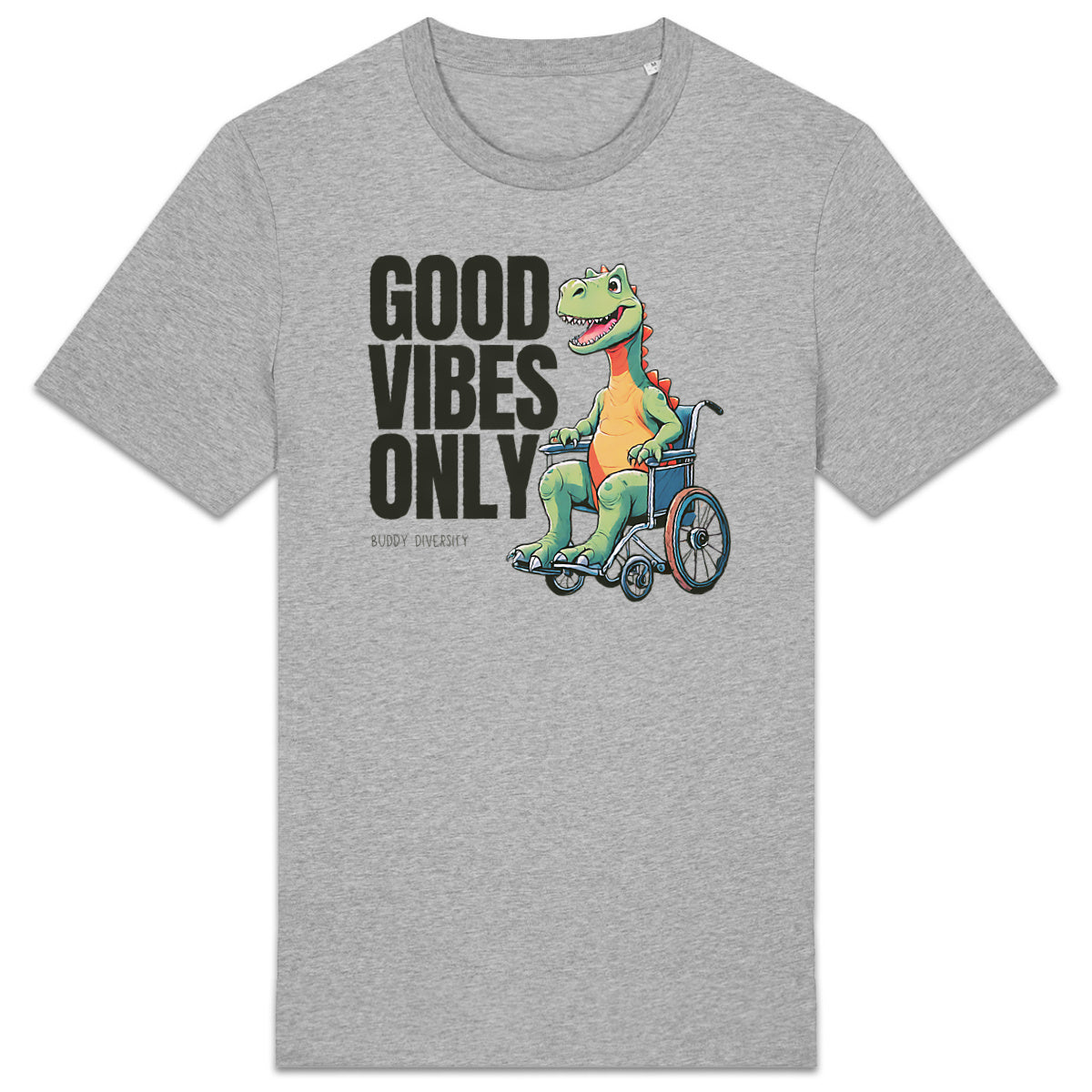 Good vibes only | Dino in a wheelchair | Organic Unisex Adult T-shirt - front_1