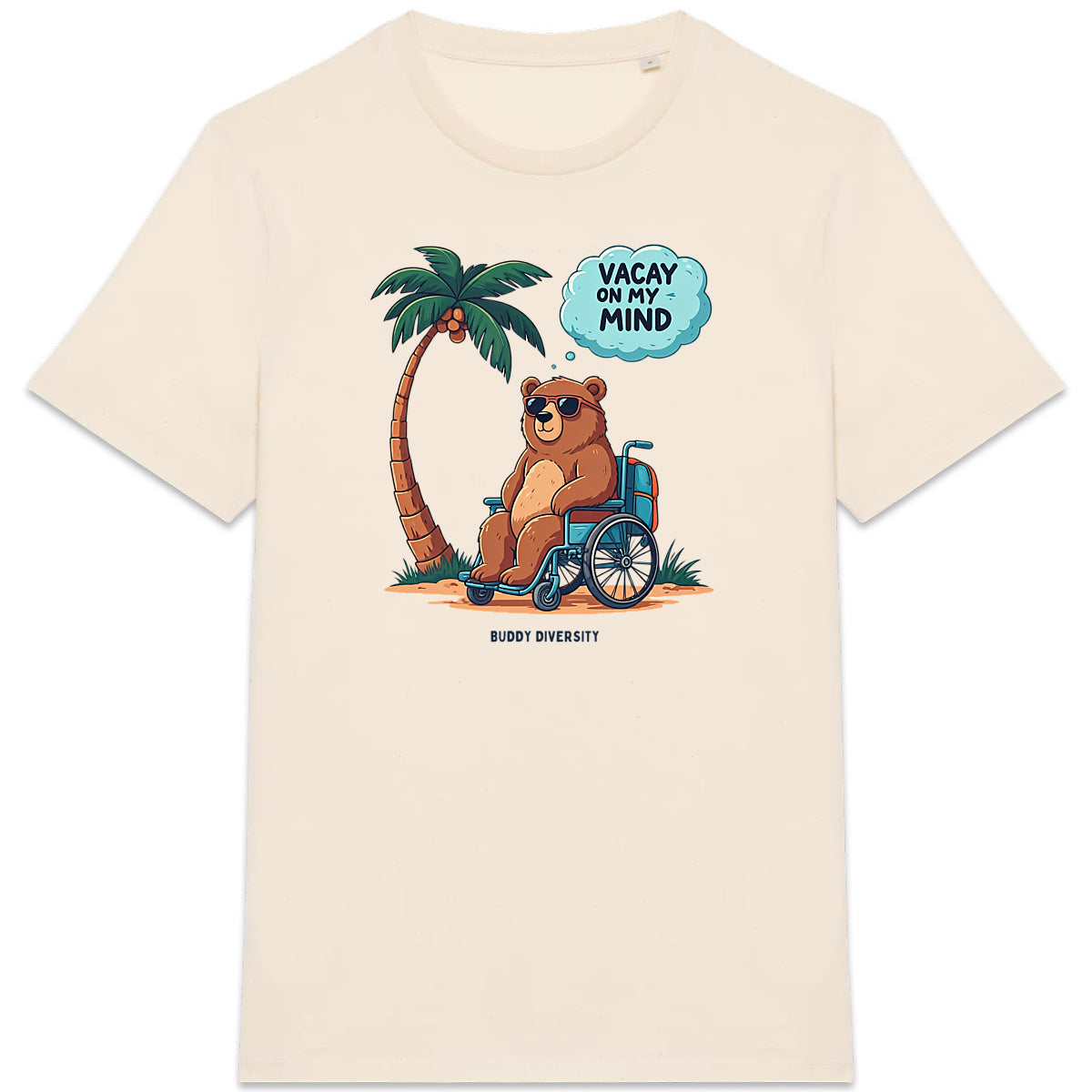 Vacay on my mind | Bear in a wheelchair chilling in the sun | Organic Unisex Adult T-shirt