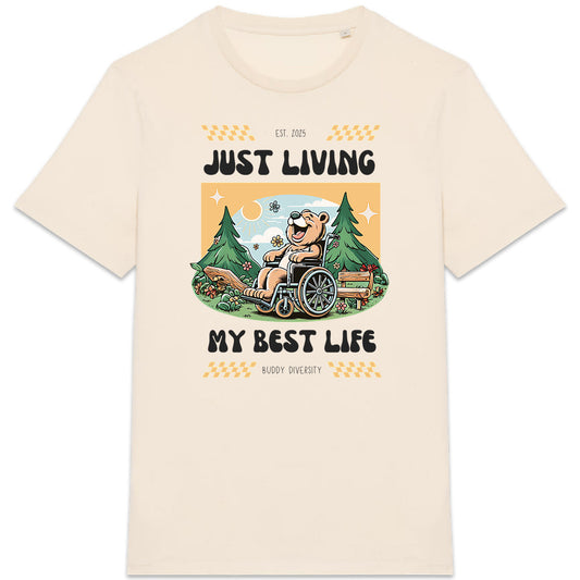 Just living my best life | Happy bear in a wheelchair | Unisex Adult T-shirt - front_1
