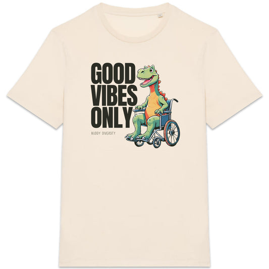 Good vibes only | Dino in a wheelchair | Organic Unisex Adult T-shirt - front_2