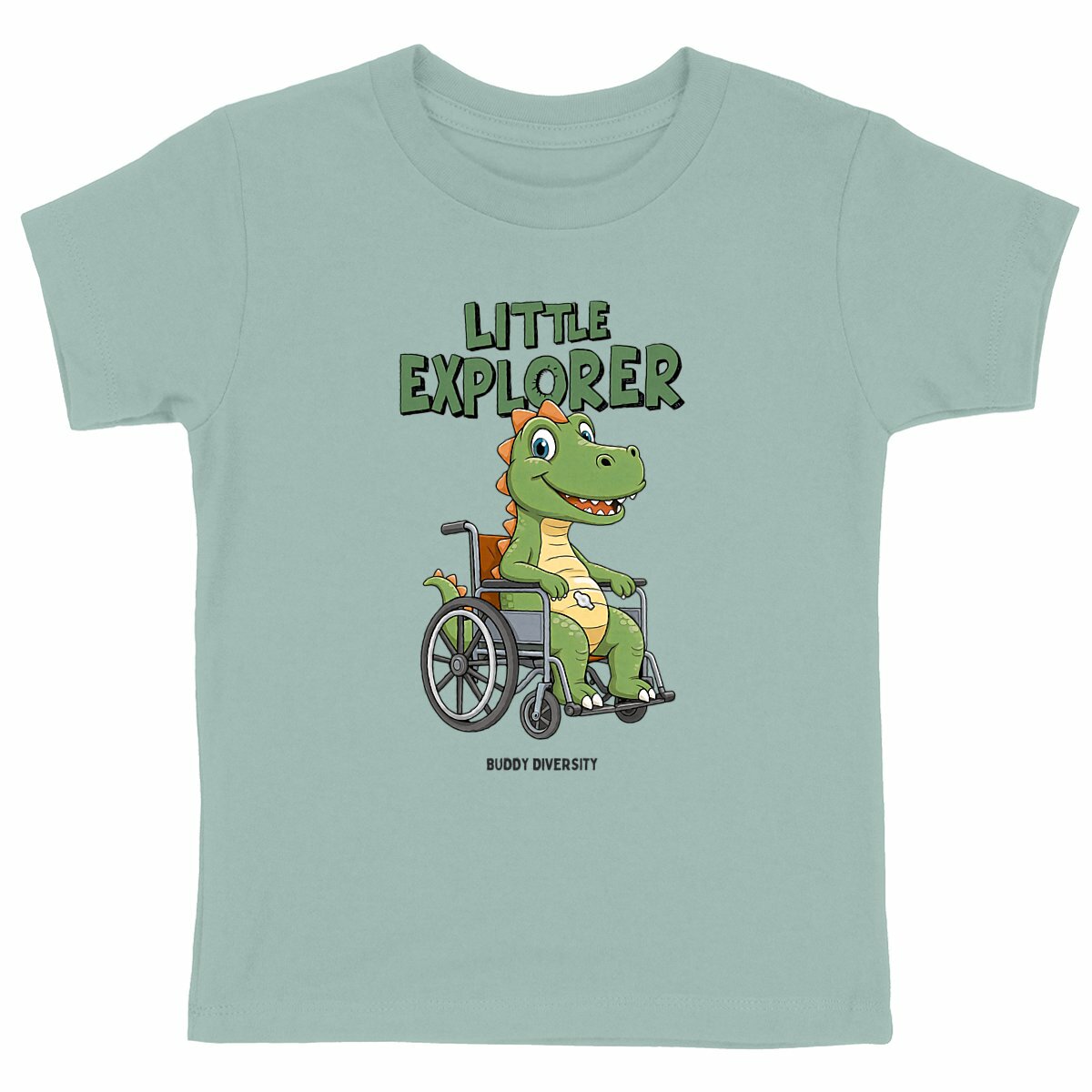 Little Explorer | Dino in a wheelchair with a PEG | Organic Kids T-shirt