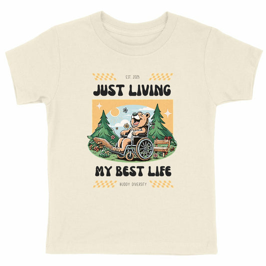 Just living my best life | Happy bear in a wheelchair | Organic Kids T-shirt - front_natural