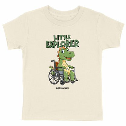 Little Explorer | Dino in a wheelchair with a PEG | Organic Kids T-shirt