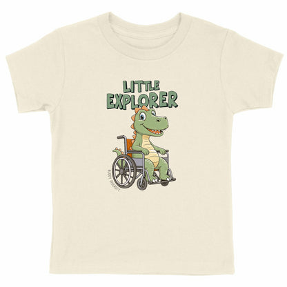 Little Explorer | Dino in a wheelchair | Organic kids t-shirt - front_natural