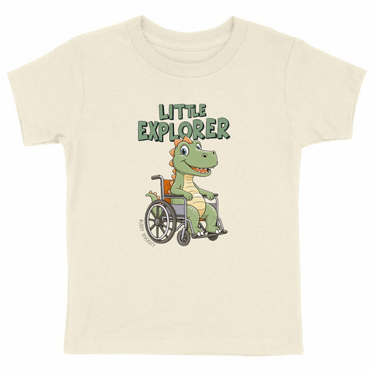 Little Explorer | Dino in a wheelchair | Organic kids t-shirt - front_natural