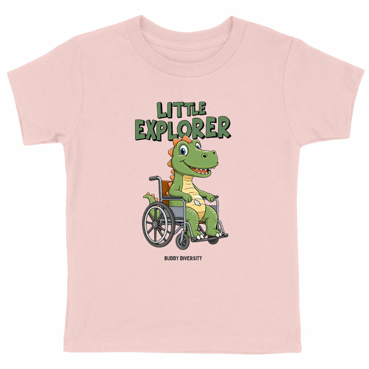 Little Explorer | Dino in a wheelchair with a PEG | Organic Kids T-shirt
