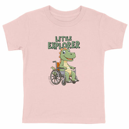 Little Explorer | Dino in a wheelchair | Organic kids t-shirt - front_pink
