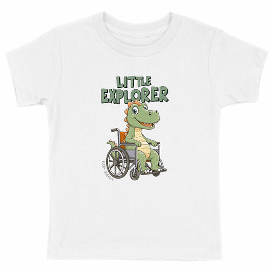 Little Explorer | Dino in a wheelchair | Organic kids t-shirt - front_white