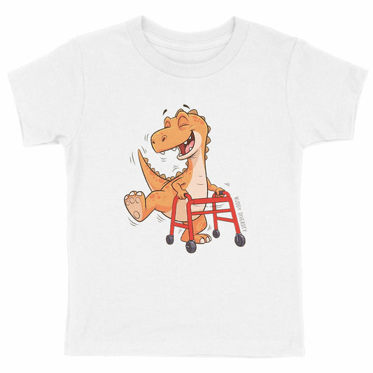 Dancing dino with walking aid | Organic Kids T-shirt - front_white