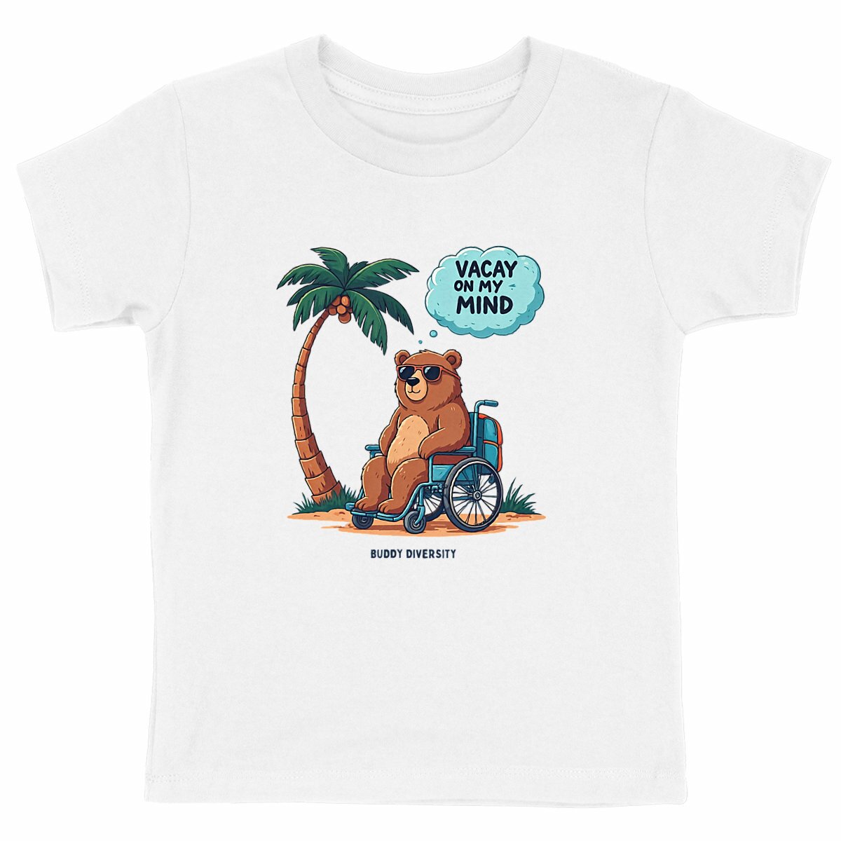 Vacay on my mind | Bear in a wheelchair chilling in the sun | Organic Kids T-shirt